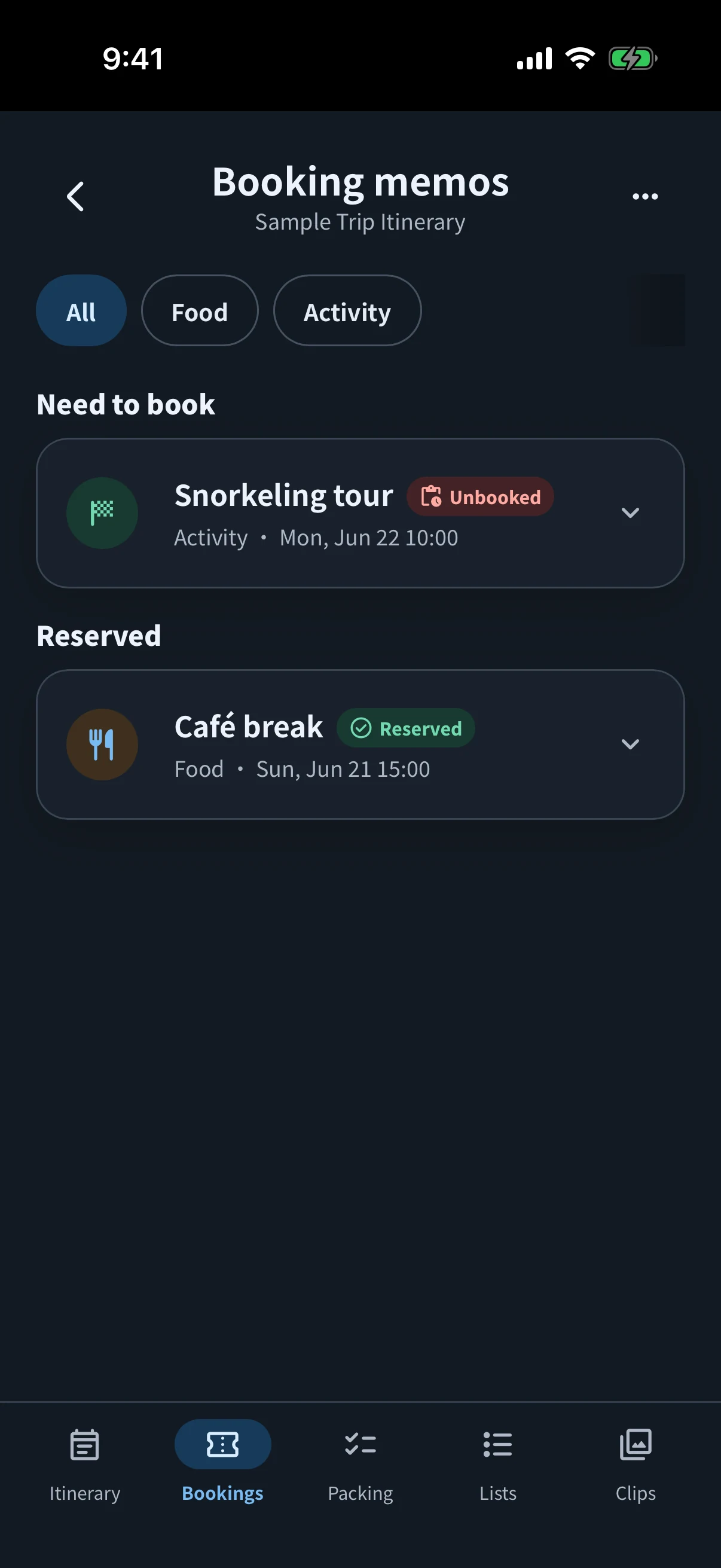 simrip Bookings screen in dark mode