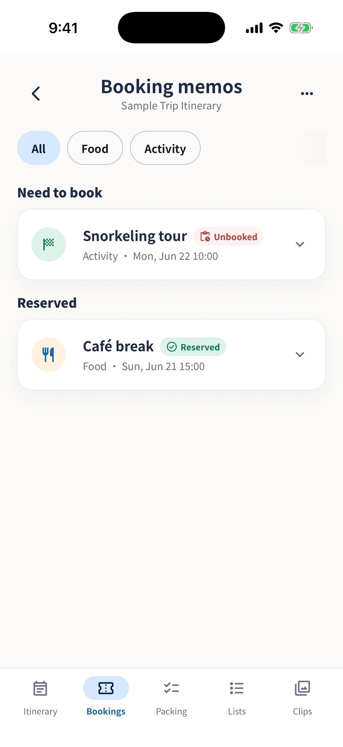 Booking notes screen with reservation details