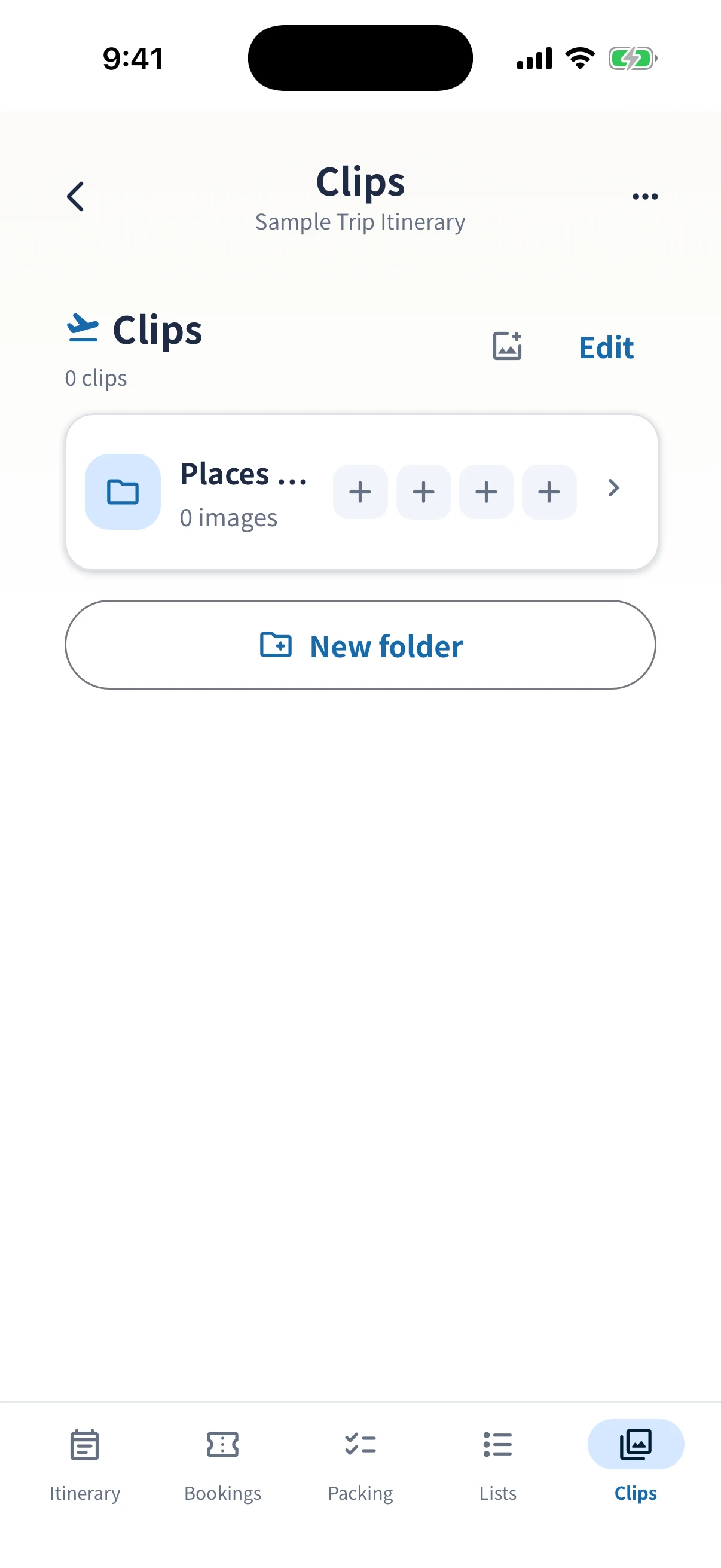 Clips screen for saving images of places to visit