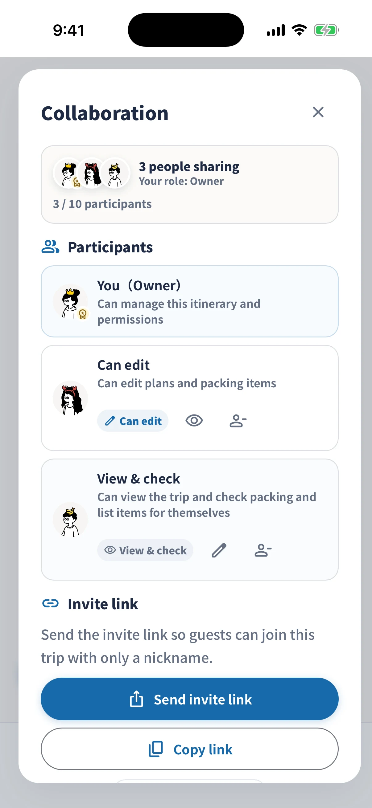 Collaboration screen for a shared itinerary