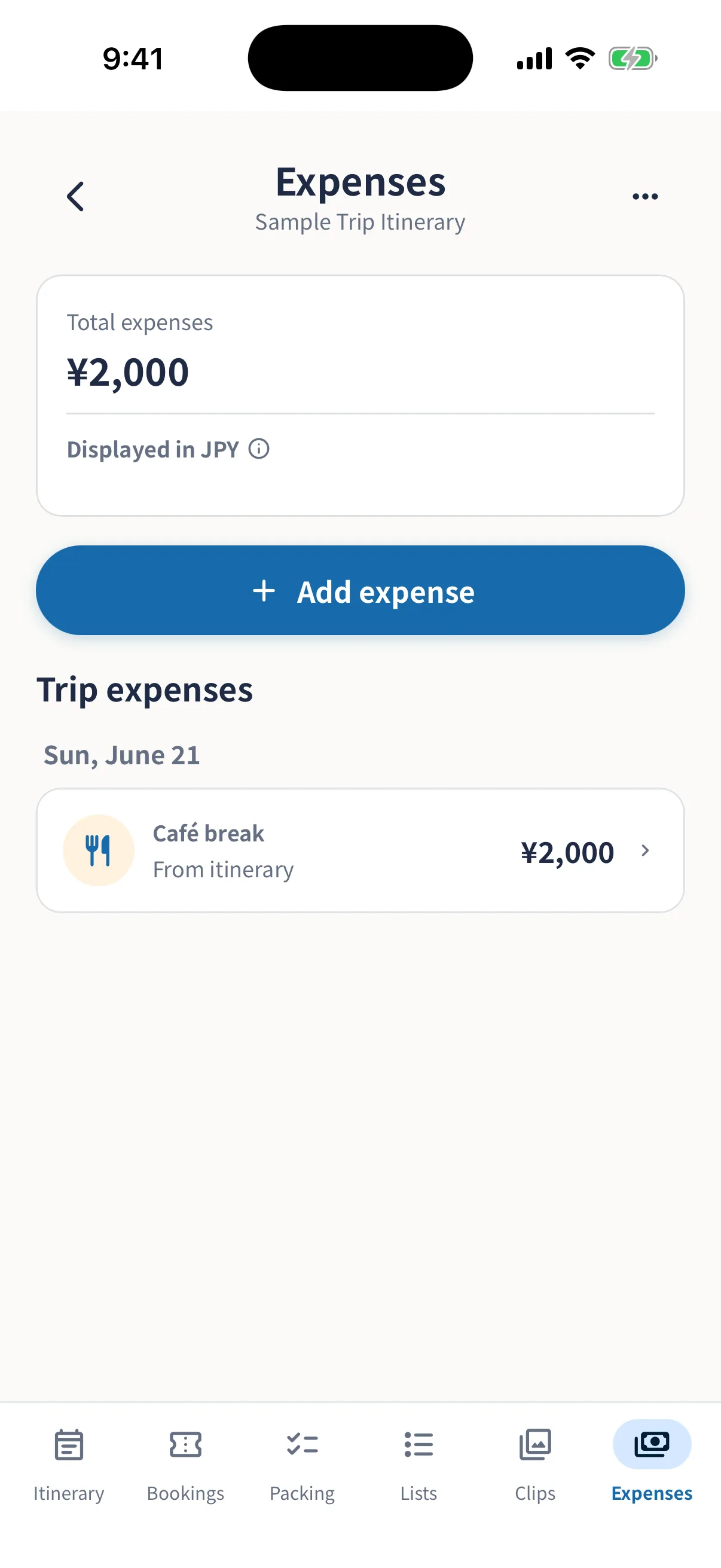 Trip expenses screen with a total and spending entry