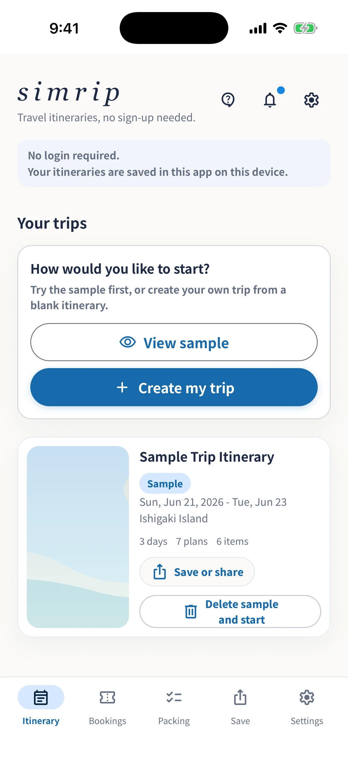 Real simrip home screen showing the sample trip