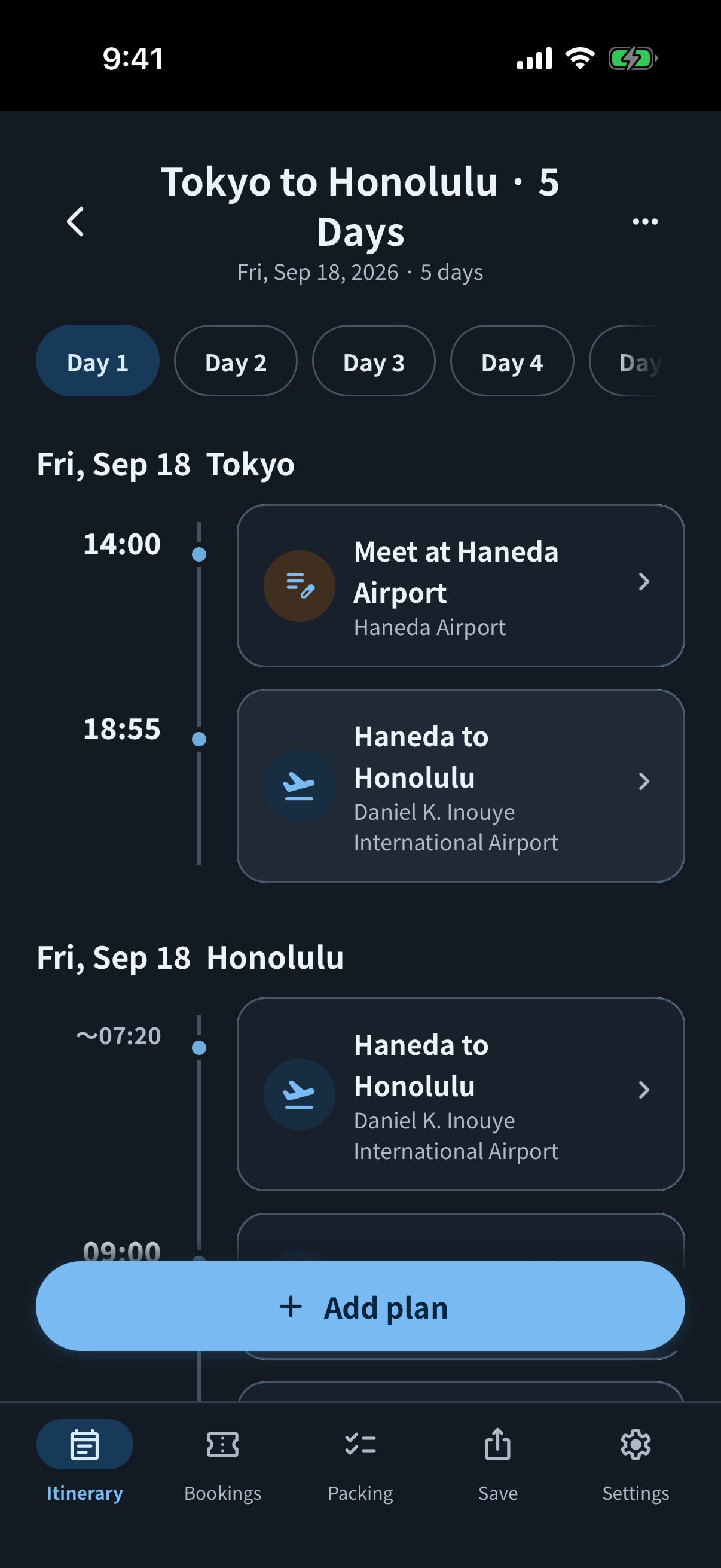 simrip international itinerary showing local dates and plans in dark mode