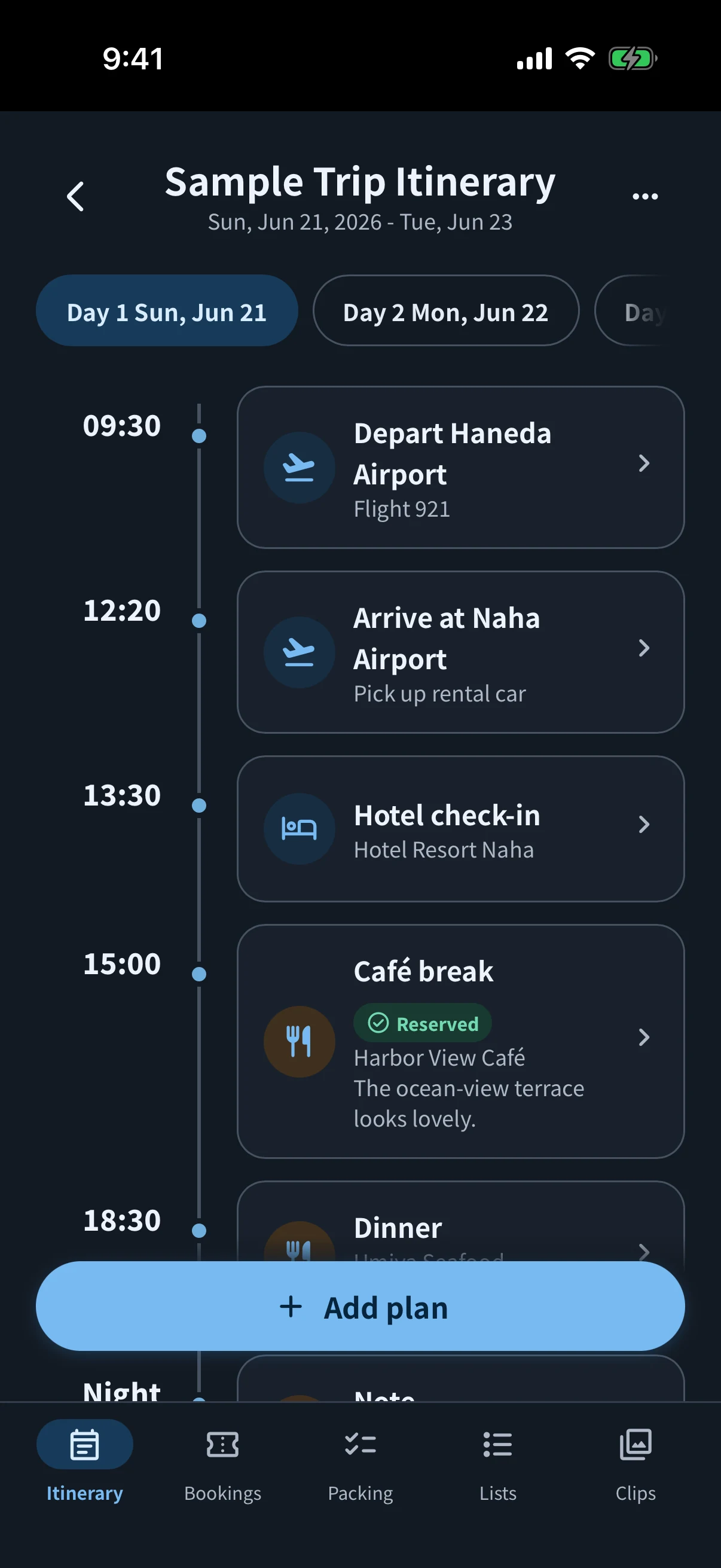 simrip itinerary in dark mode