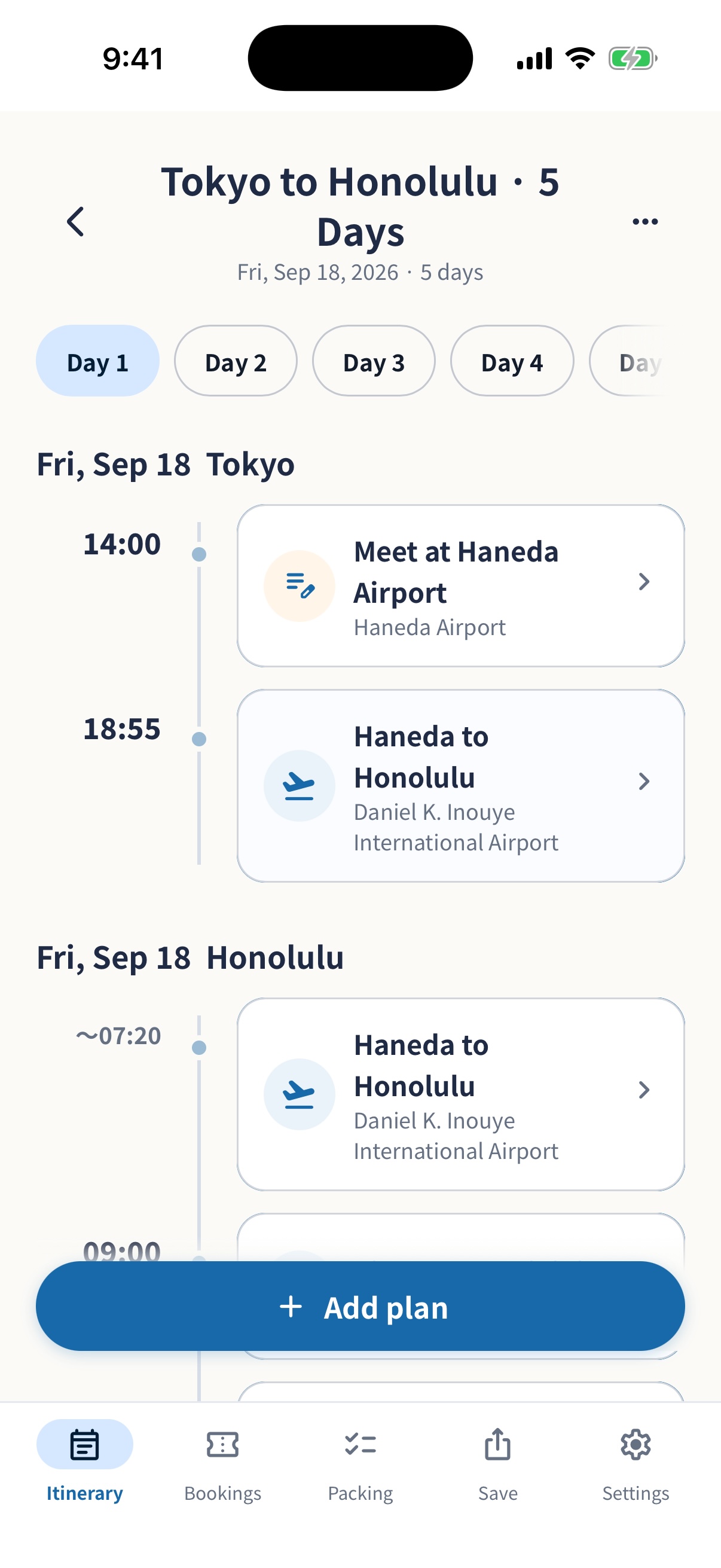 simrip international itinerary showing local dates and plans by trip day