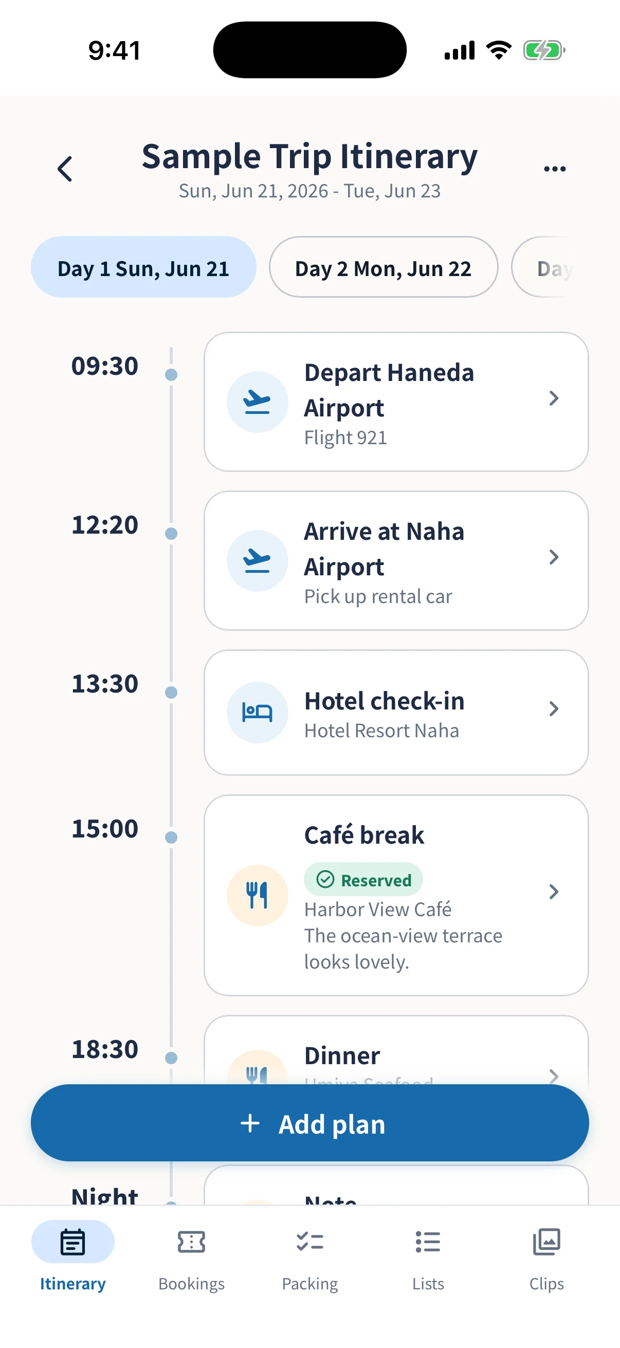 Itinerary screen with plans ordered by time