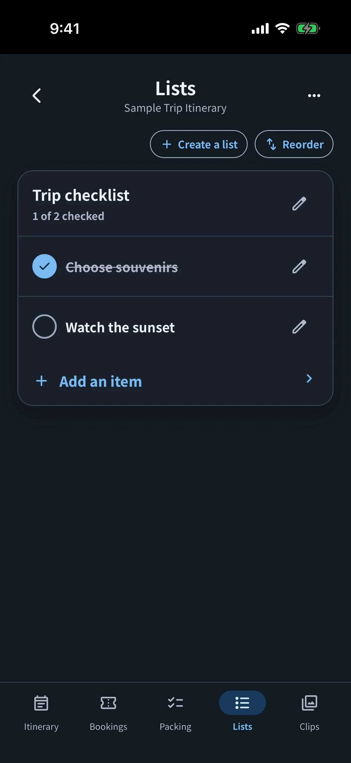 simrip Lists screen in dark mode