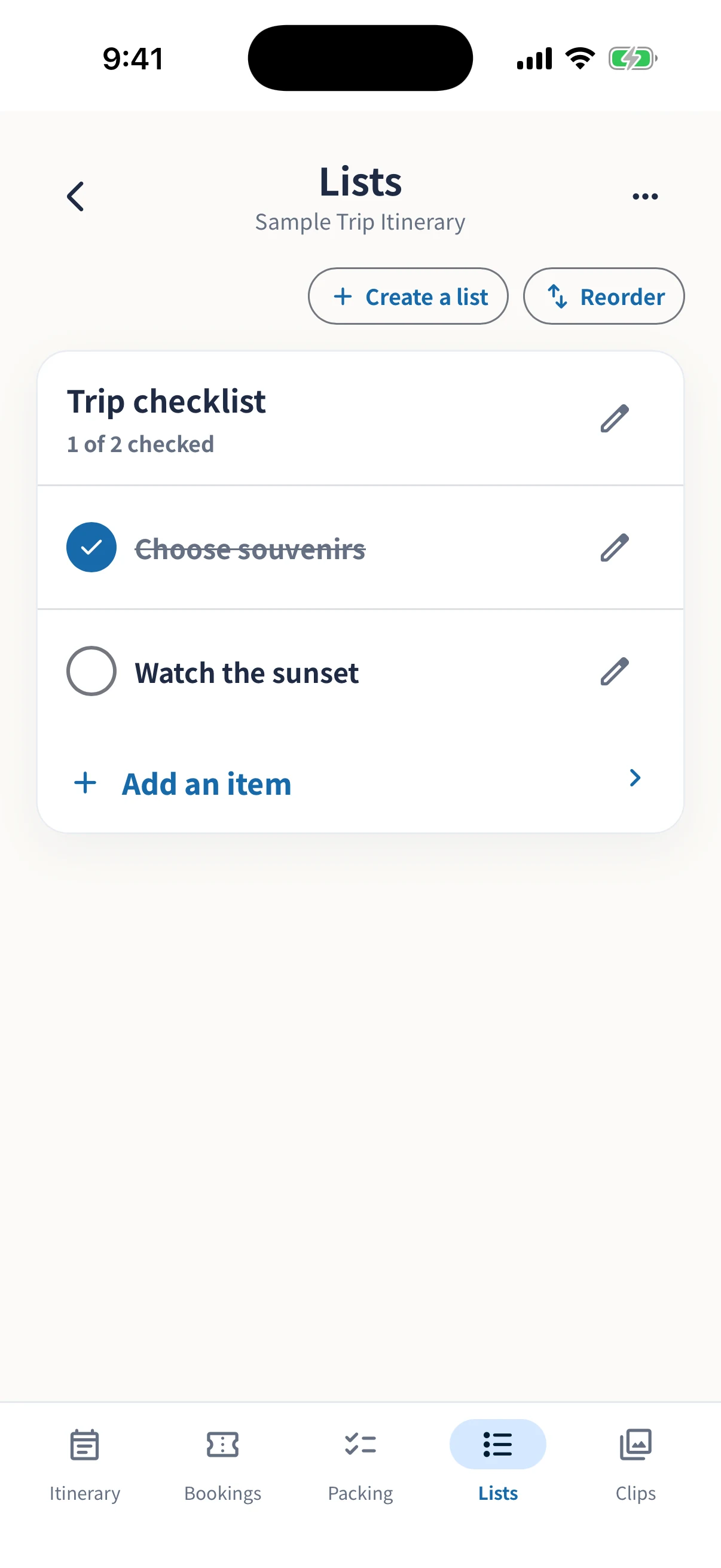 Travel checklist screen for trip tasks