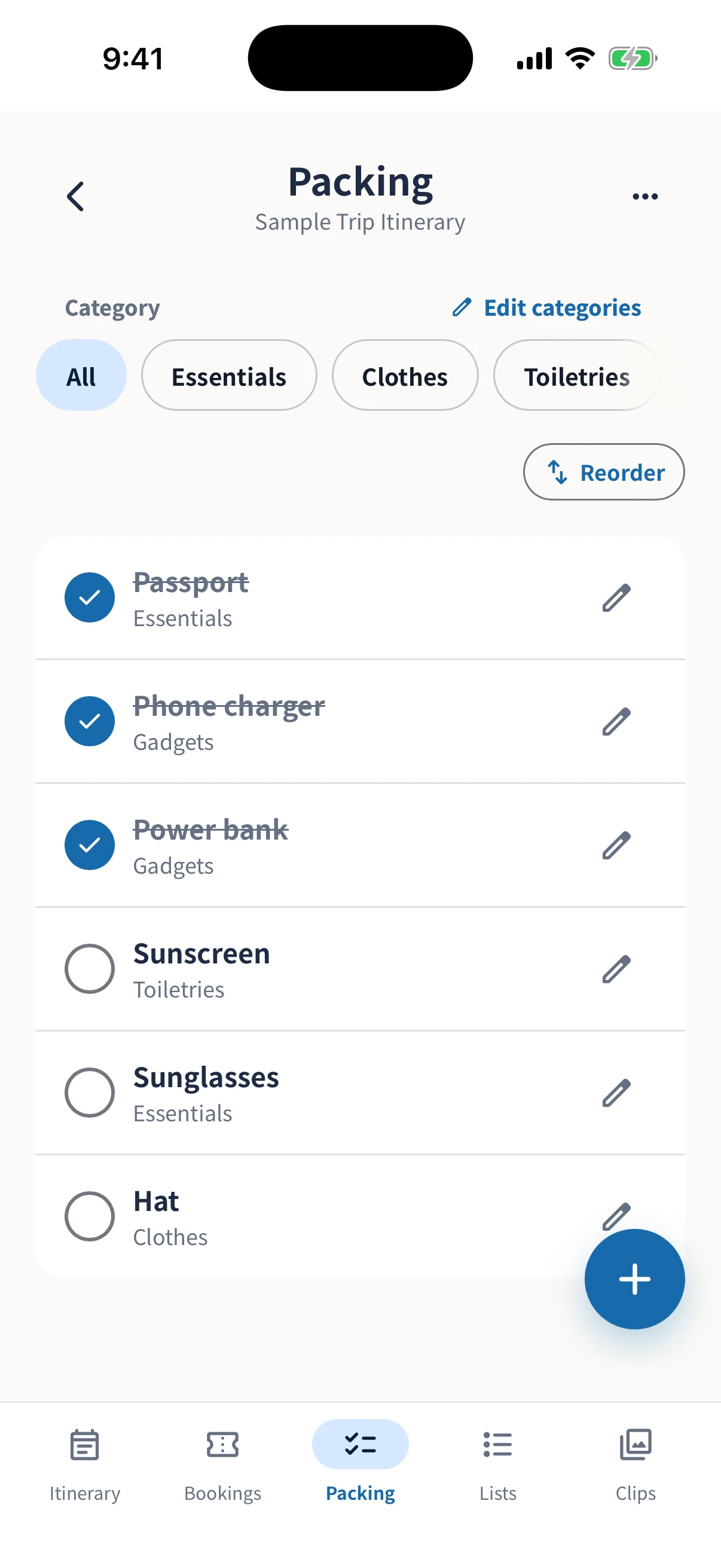 Travel packing checklist screen