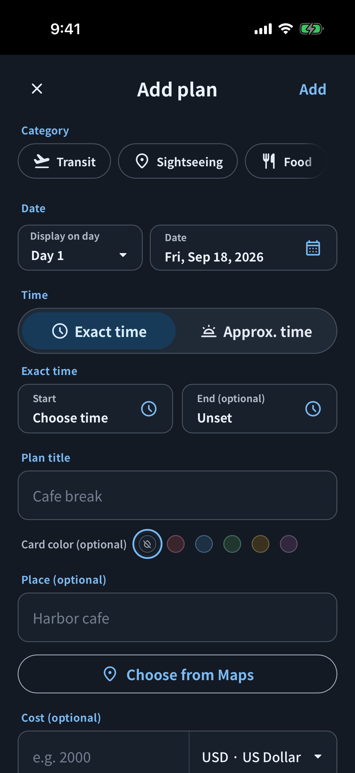 simrip international plan editor in dark mode with local date and time zone fields