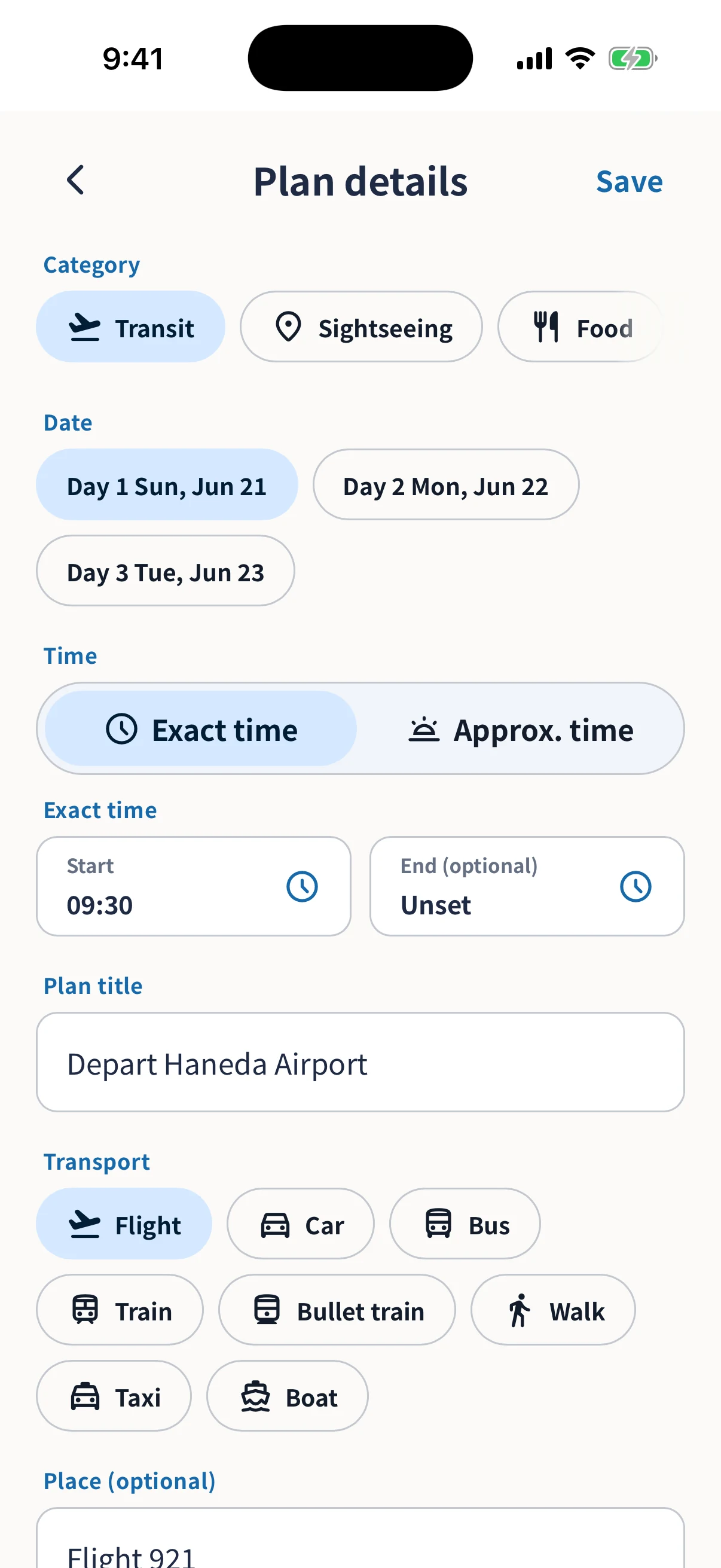 Screen for adding a plan to an itinerary