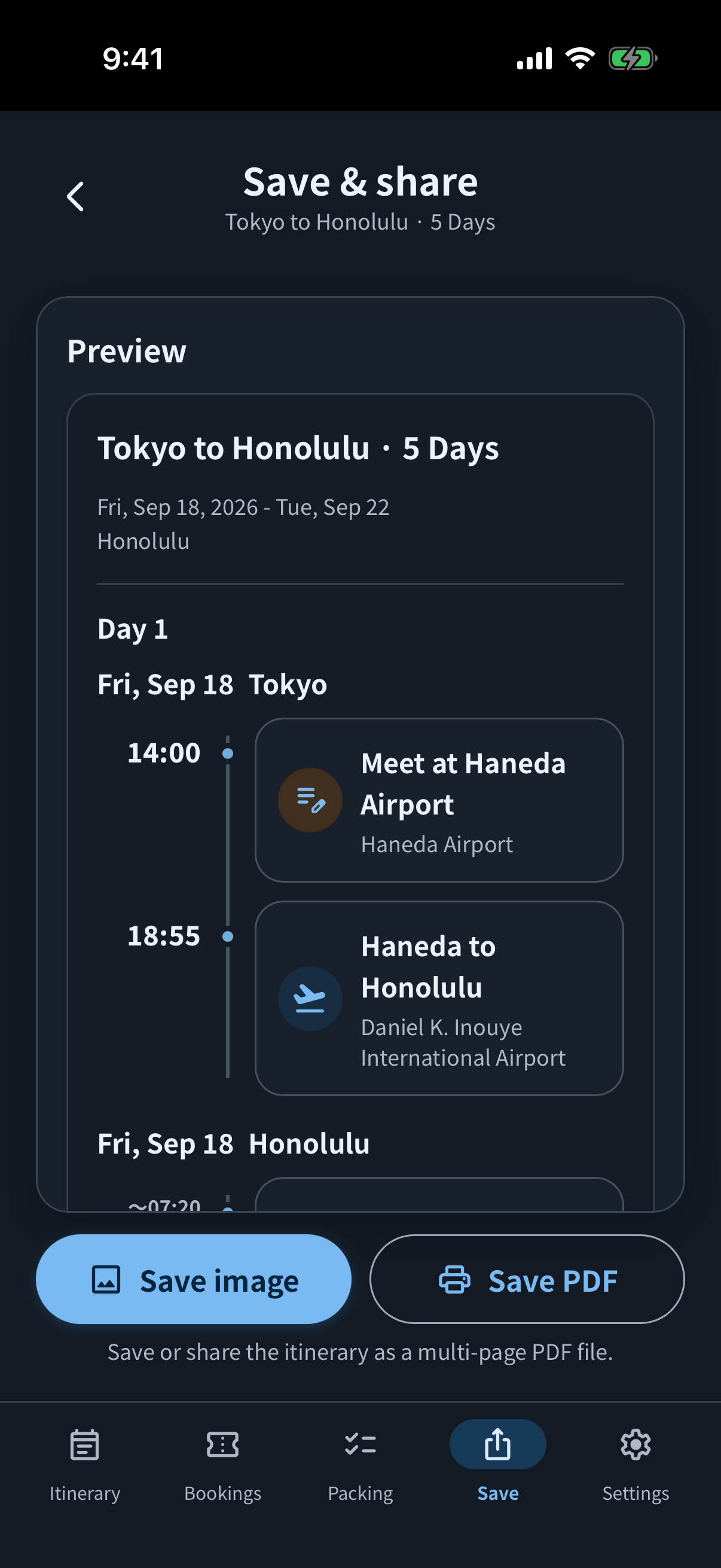 simrip sharing screen for choosing a format with local dates in dark mode