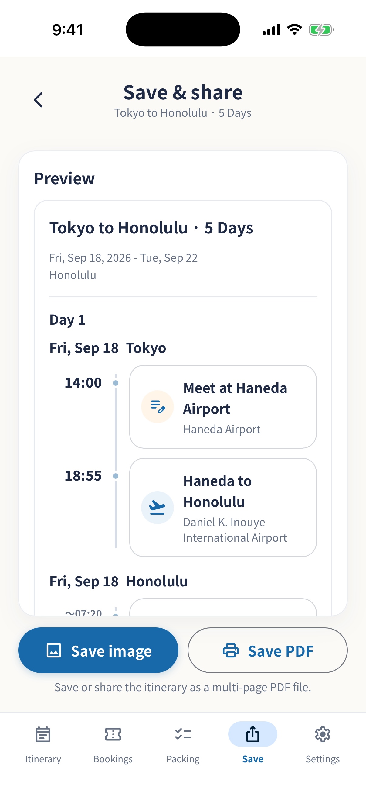 simrip sharing screen for choosing an image or PDF format with trip days and local dates