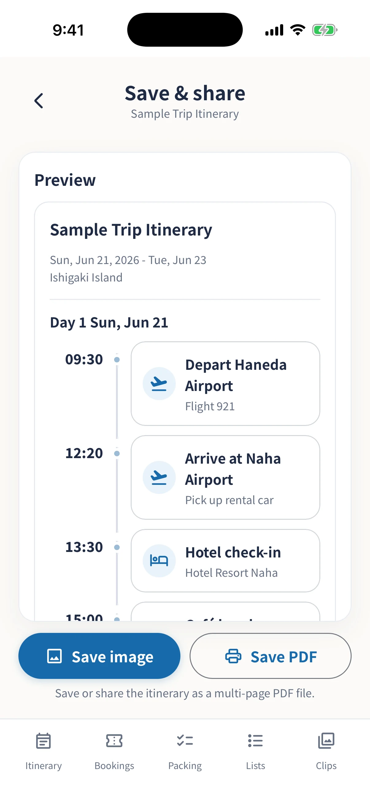Itinerary sharing preview screen